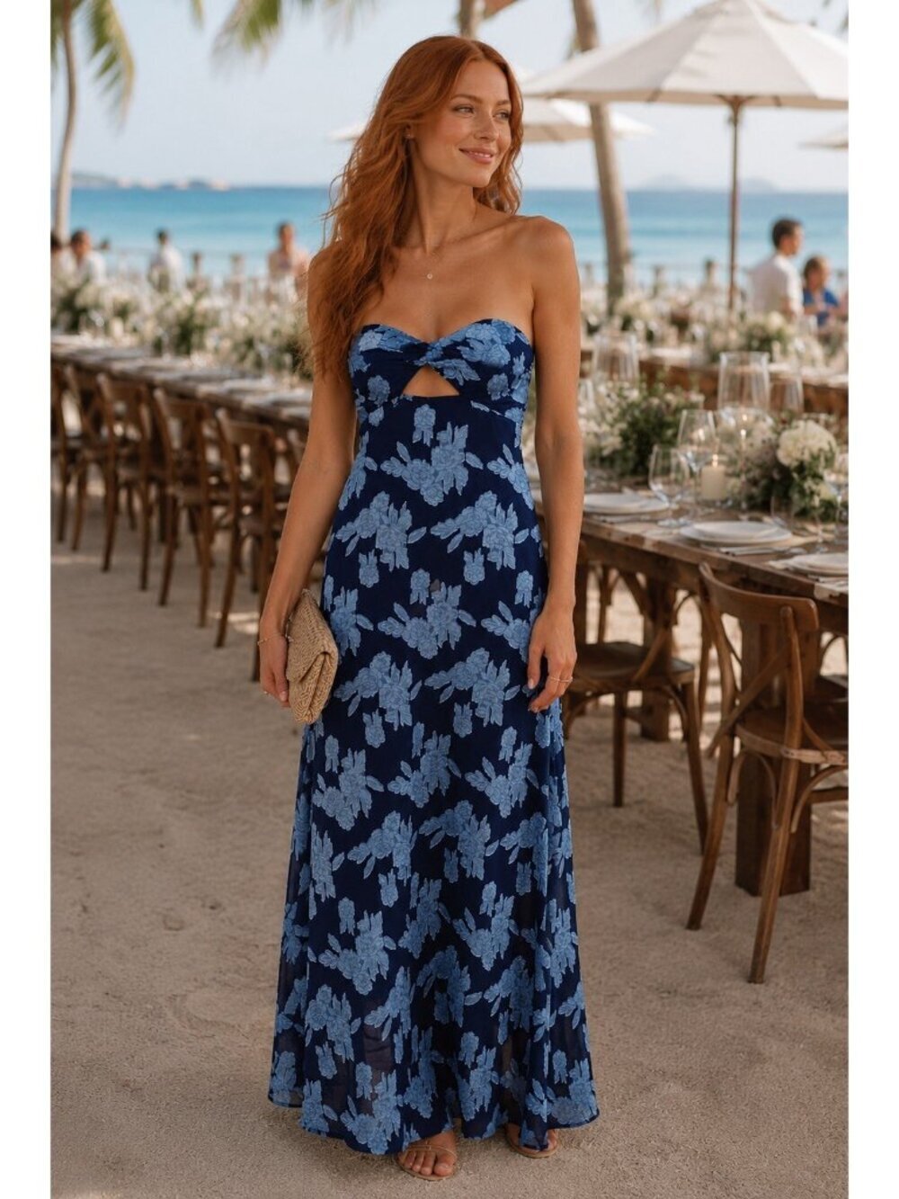 Lulus Danae Maxi Dress Sz Small Blue Floral Jacquard Strapless Cut Out Gown Boho